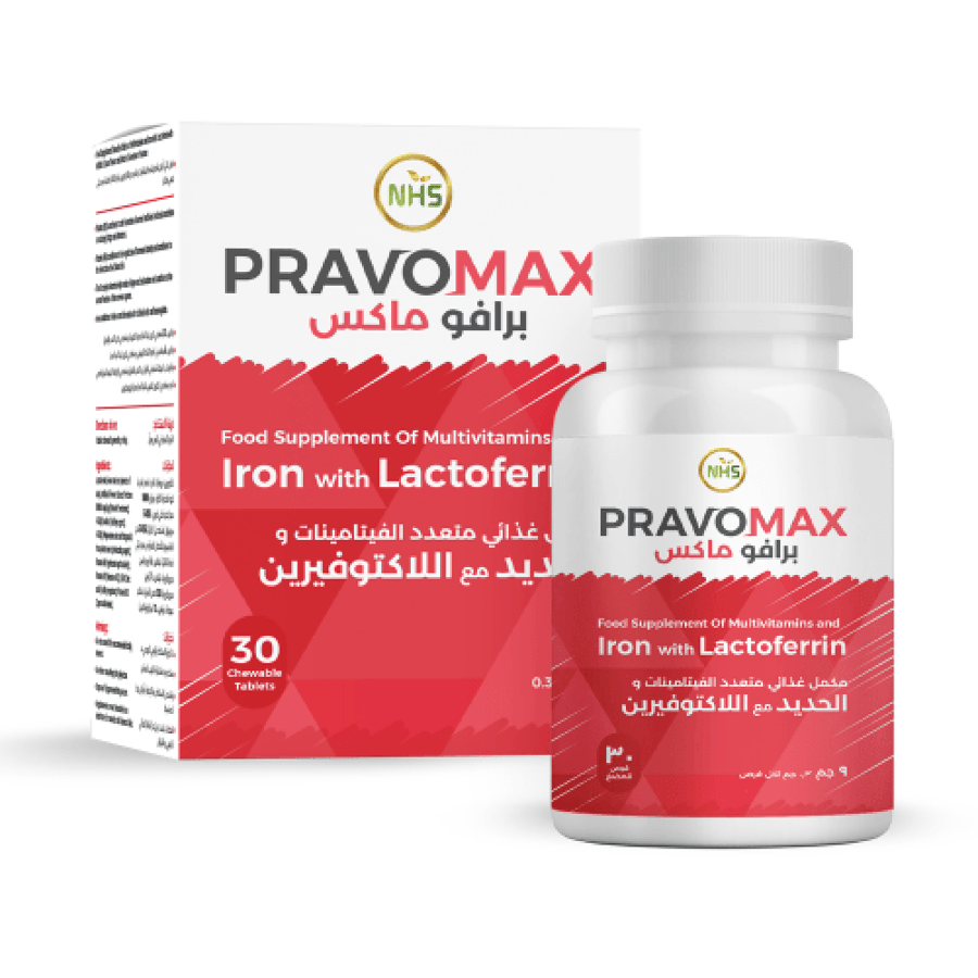 مكمل غذائي حديد وفيتامينات قابلة للمضغ PRAVOMAX 30 قرص لاكتوفيرين