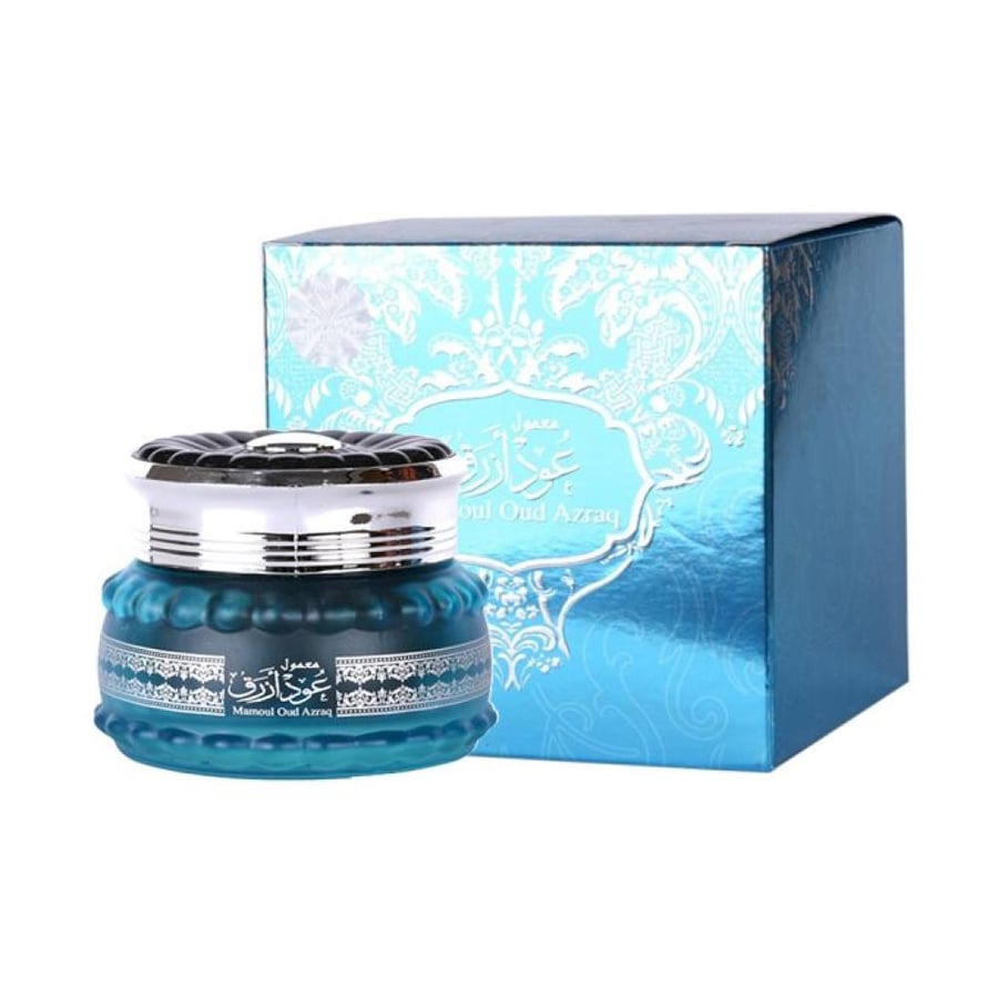 عود معطر معمول أزرق Mamoul - زجاجة زجاجية مدوّرة 60 جم بغطاء فضي