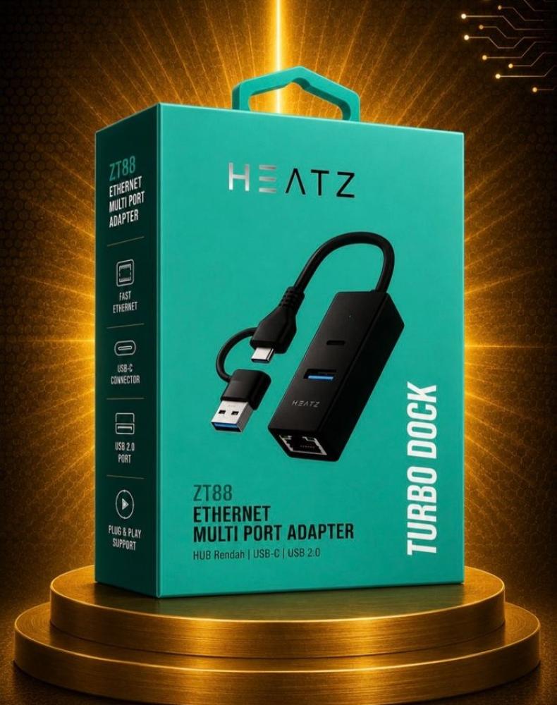 محول إيثرنت USB-C أصلي HEATZ ZT88 متعدد المنافذ RJ45 مع USB 3.0 ومنفذ