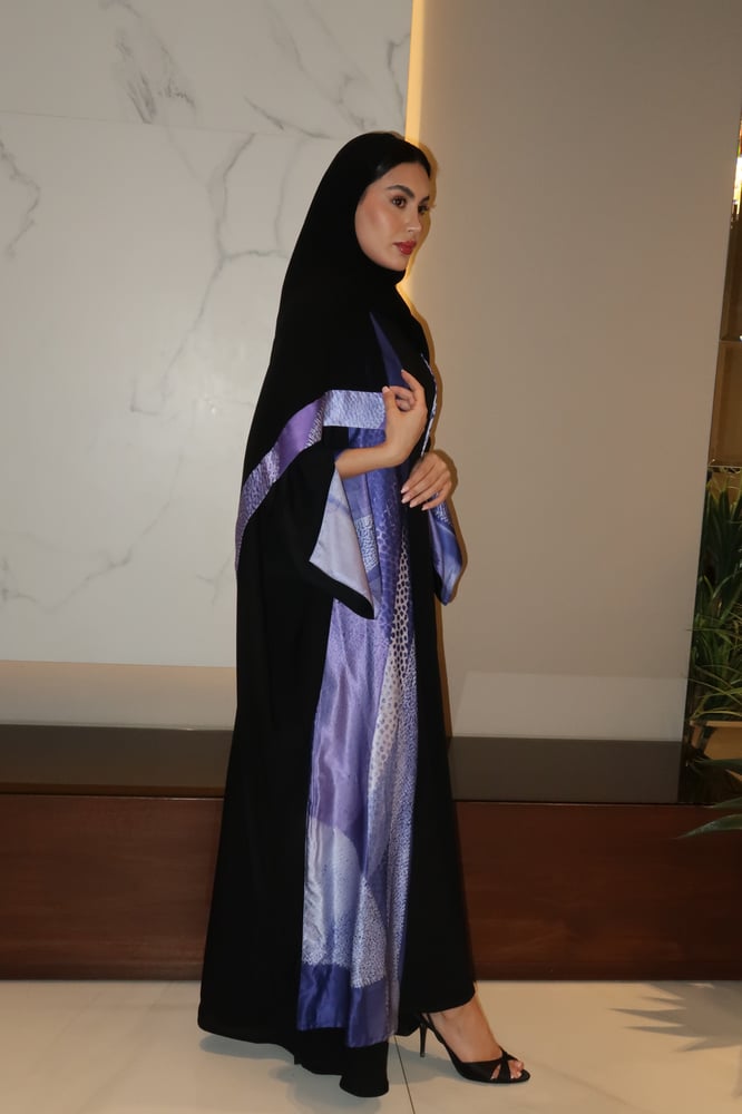 Half Bisht Abaya, Black Crepe In Purple Printed Silk