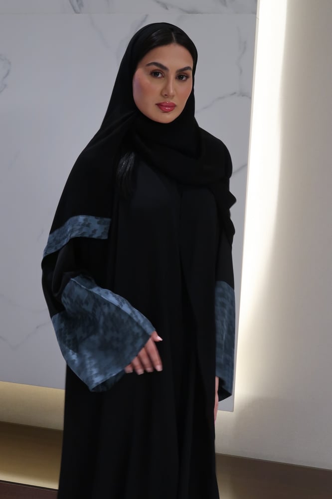A Line Abaya, Black Crepe With Sky Blue Wide Sleeves