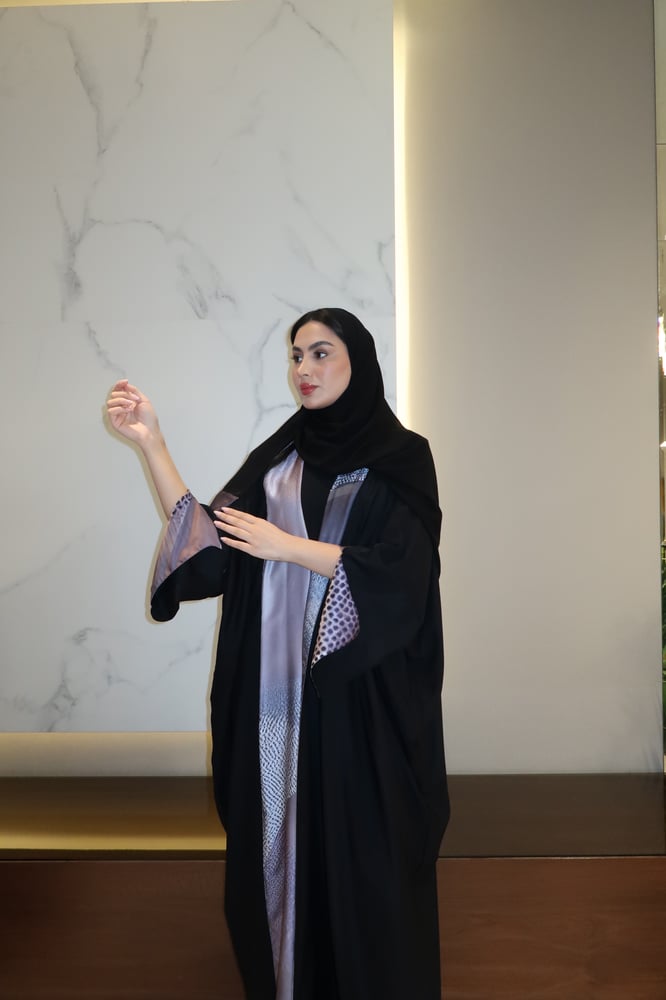 Half Bisht Abaya, Black Crepe In Grey Printed Silk