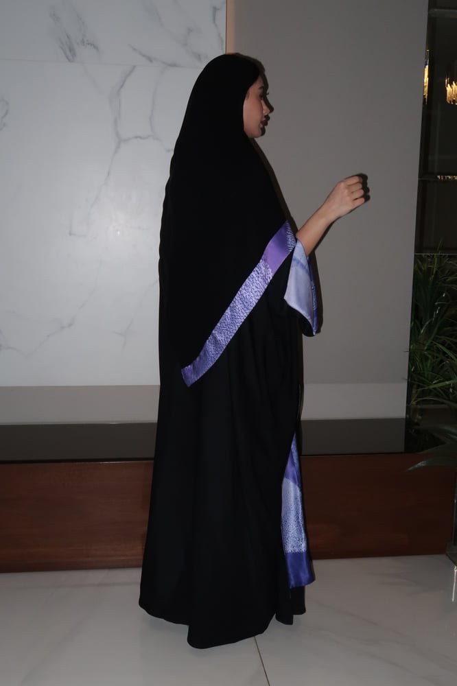 Half Bisht Abaya, Black Crepe In Purple Printed Silk