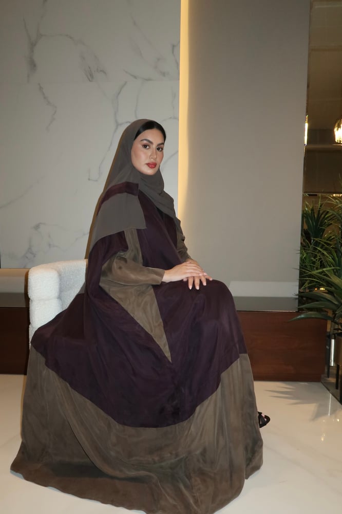 Half Bisht Abaya, Washed Japanese Silk in Olive Green & Purple