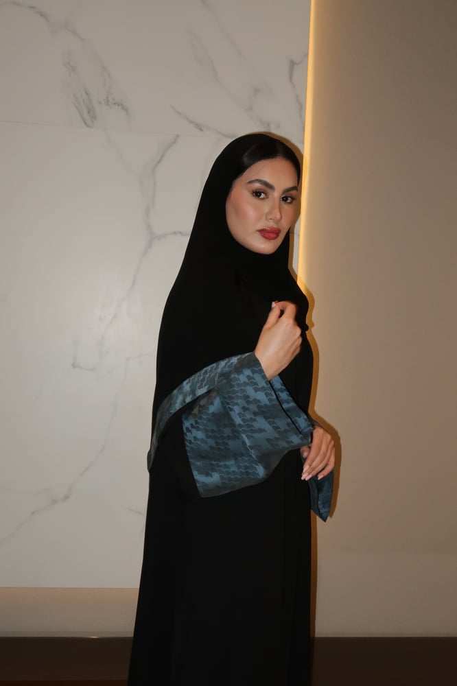 A Line Abaya, Black Crepe With Sky Blue Wide Sleeves