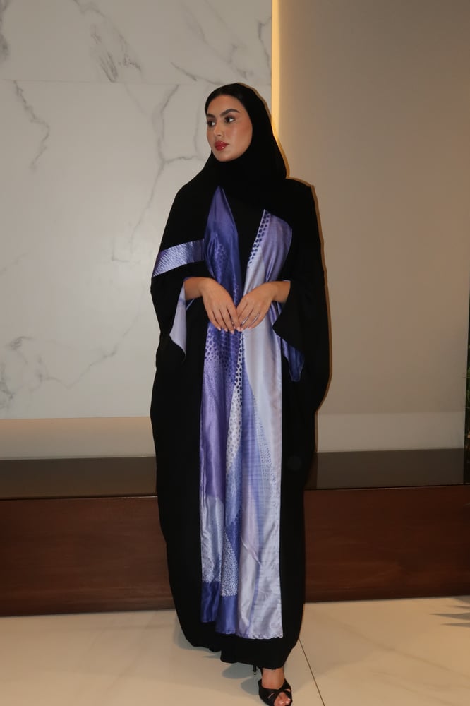 Half Bisht Abaya, Black Crepe In Purple Printed Silk