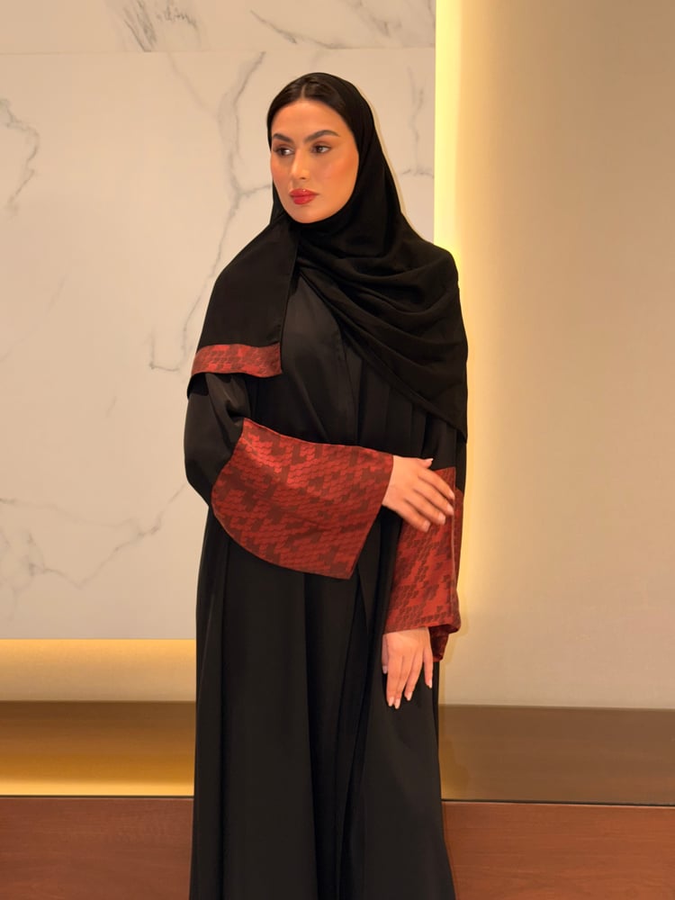 A Line Abaya, Black Crepe With Teraccota Wide Sleeves