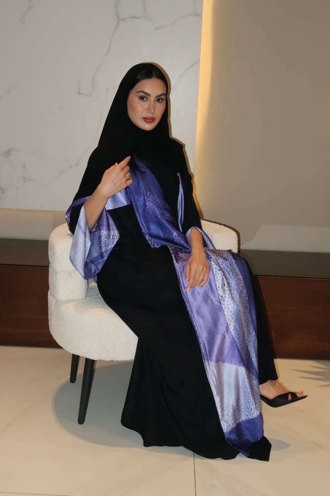 Half Bisht Abaya, Black Crepe In Purple Printed Silk