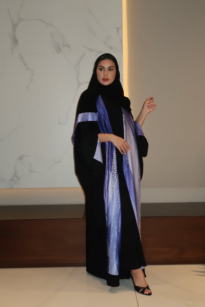 Half Bisht Abaya, Black Crepe In Purple Printed Silk