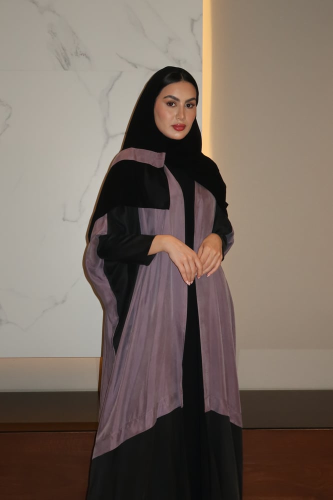 Half Bisht Abaya, Washed Japanese Silk in Black & Lavender