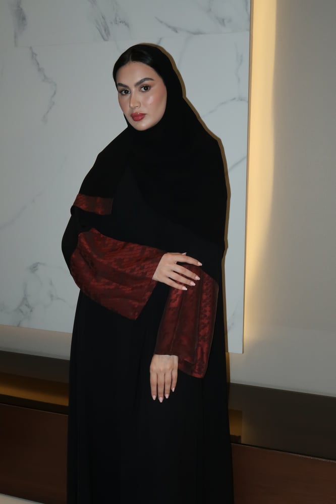 A Line Abaya, Black Crepe With Teraccota Wide Sleeves