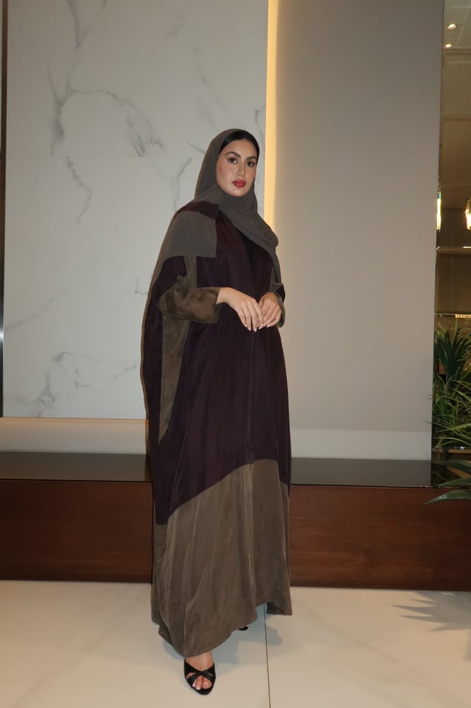 Half Bisht Abaya, Washed Japanese Silk in Olive Green & Purple