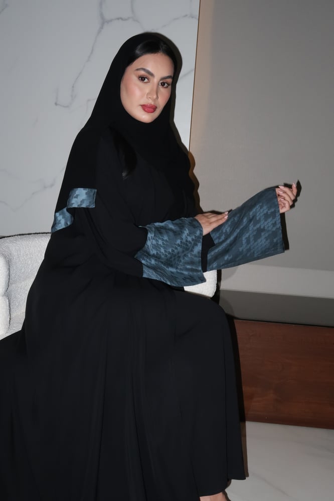 A Line Abaya, Black Crepe With Sky Blue Wide Sleeves