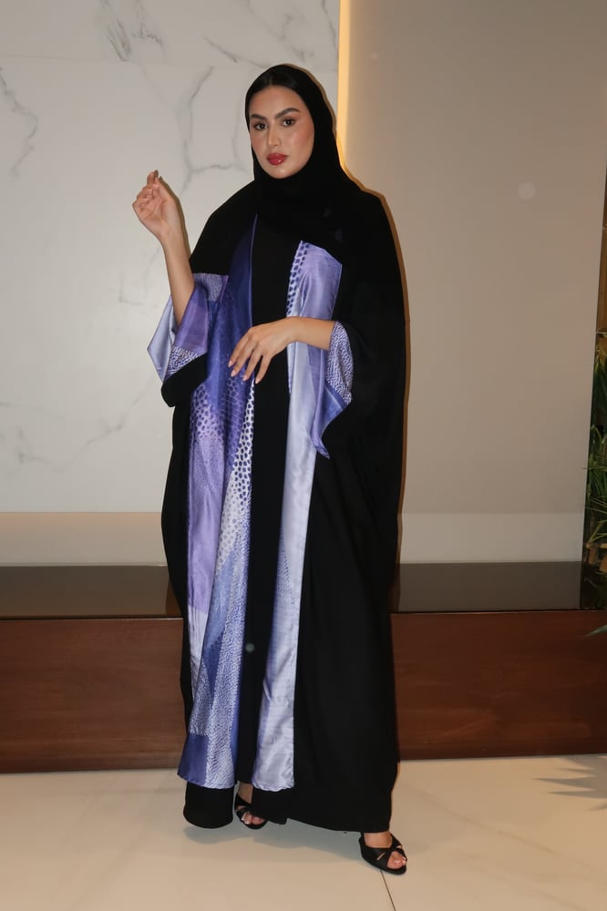 Half Bisht Abaya, Black Crepe In Purple Printed Silk