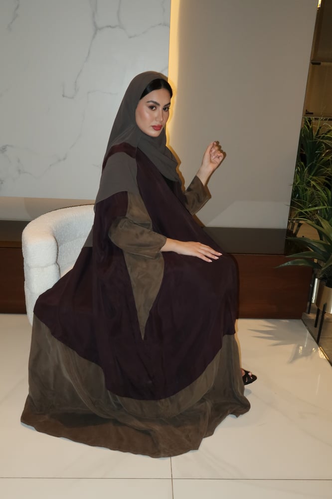 Half Bisht Abaya, Washed Japanese Silk in Olive Green & Purple