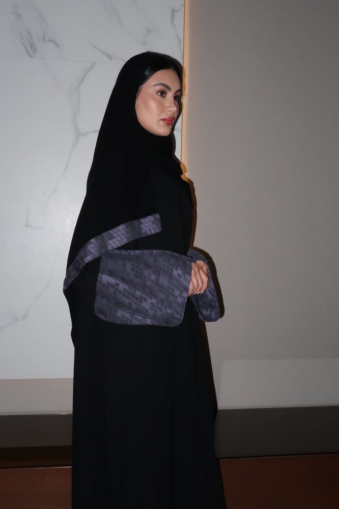 A Line Abaya, Black Crepe With Lavender Wide Sleeves