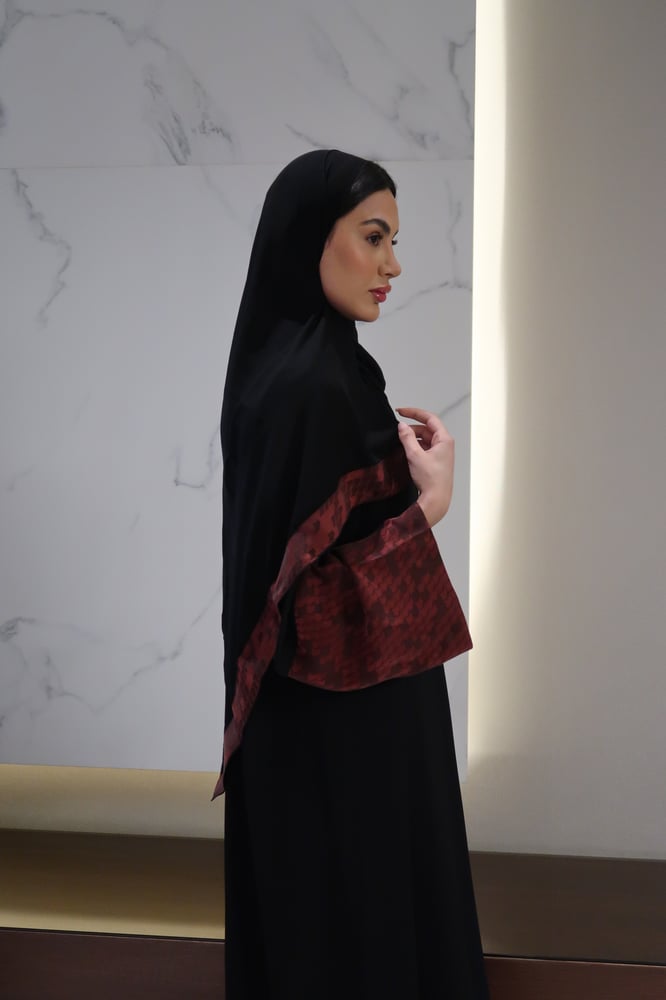 A Line Abaya, Black Crepe With Teraccota Wide Sleeves