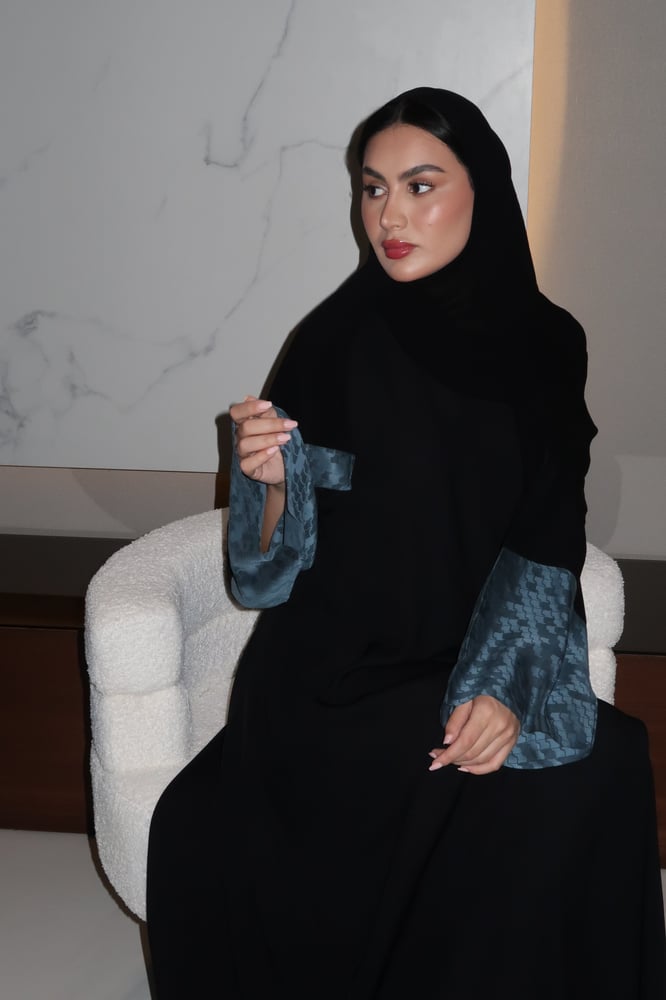 A Line Abaya, Black Crepe With Sky Blue Wide Sleeves
