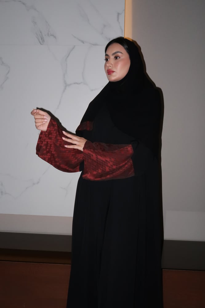 A Line Abaya, Black Crepe With Teraccota Wide Sleeves