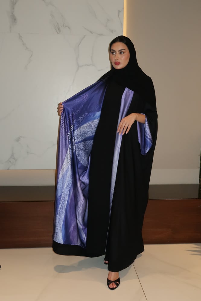 Half Bisht Abaya, Black Crepe In Purple Printed Silk