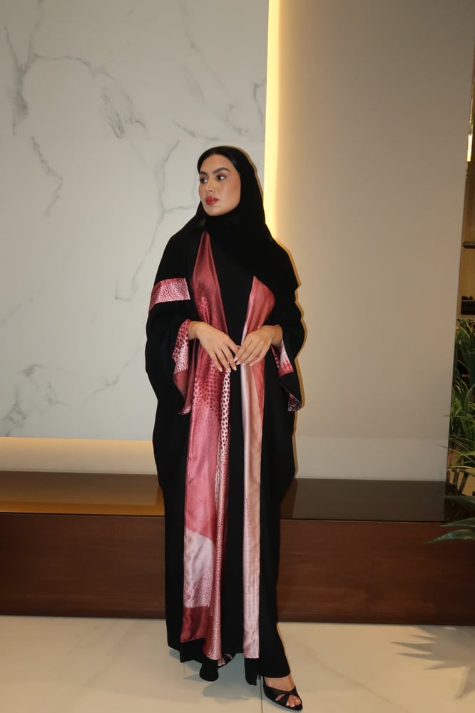 Half Bisht Abaya, Black Crepe In Red Printed Silk