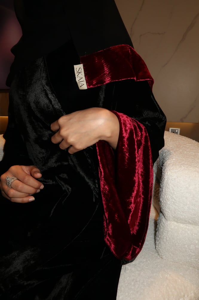 A Line Abaya, Black Velvet with Bell Sleeves in Burgundy