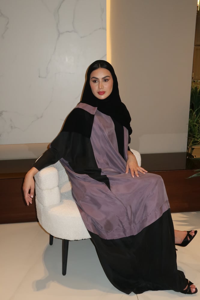 Half Bisht Abaya, Washed Japanese Silk in Black & Lavender