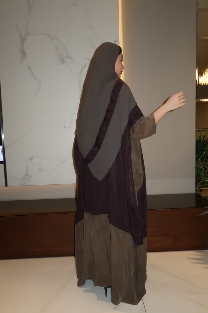 Half Bisht Abaya, Washed Japanese Silk in Olive Green & Purple