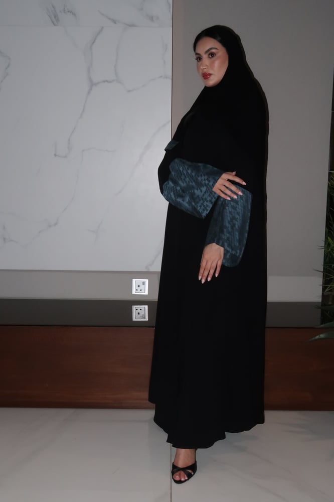 A Line Abaya, Black Crepe With Sky Blue Wide Sleeves