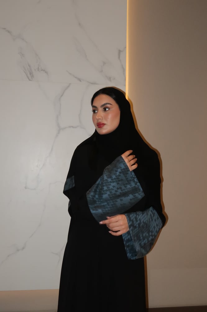 A Line Abaya, Black Crepe With Sky Blue Wide Sleeves