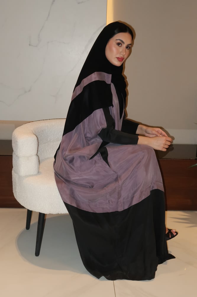 Half Bisht Abaya, Washed Japanese Silk in Black & Lavender