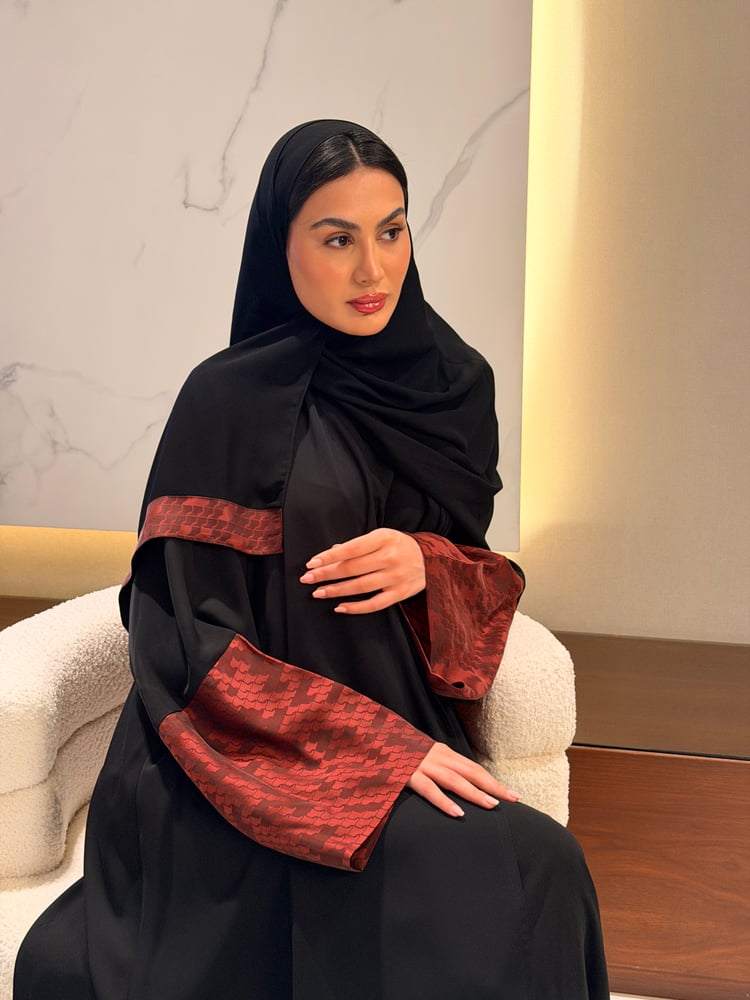 A Line Abaya, Black Crepe With Teraccota Wide Sleeves