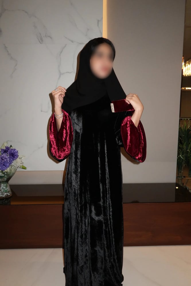 A Line Abaya, Black Velvet with Bell Sleeves in Burgundy