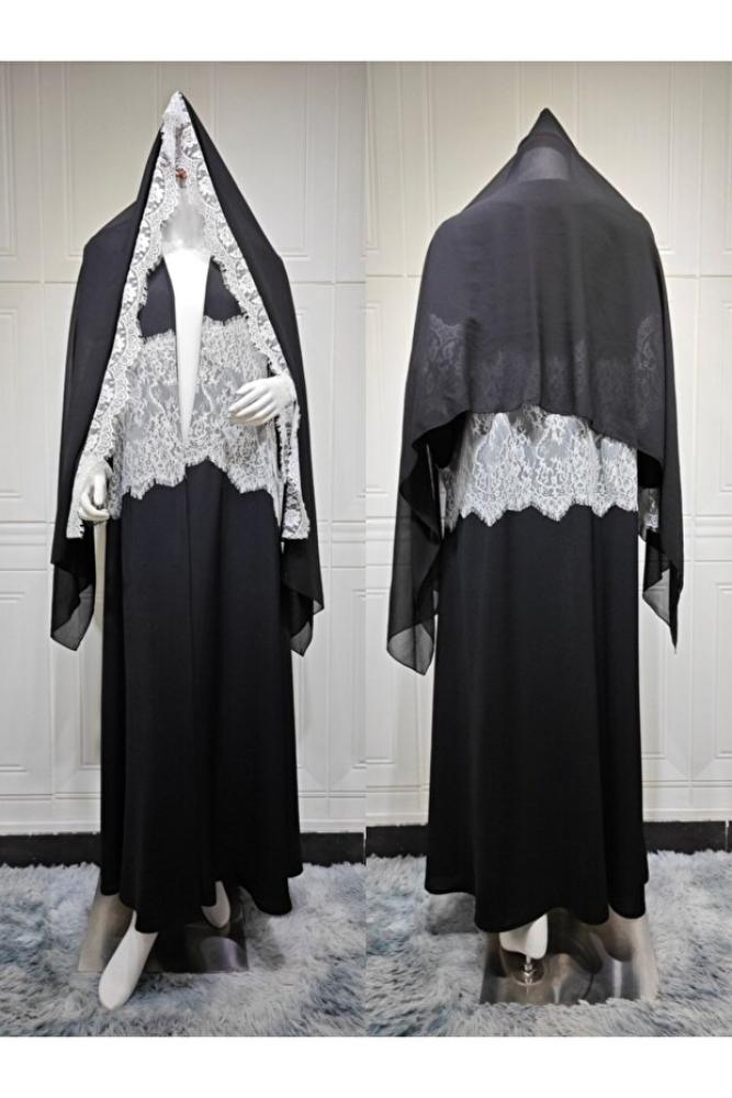 Classy She عباءة أنيقة جديدة من قطعتين مع تطريز دانتيل وفتحة أمامية (تأتي مع غطاء رأس مطابق)