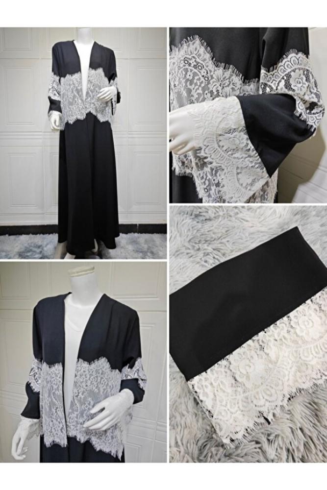 Classy She عباءة أنيقة جديدة من قطعتين مع تطريز دانتيل وفتحة أمامية (تأتي مع غطاء رأس مطابق)