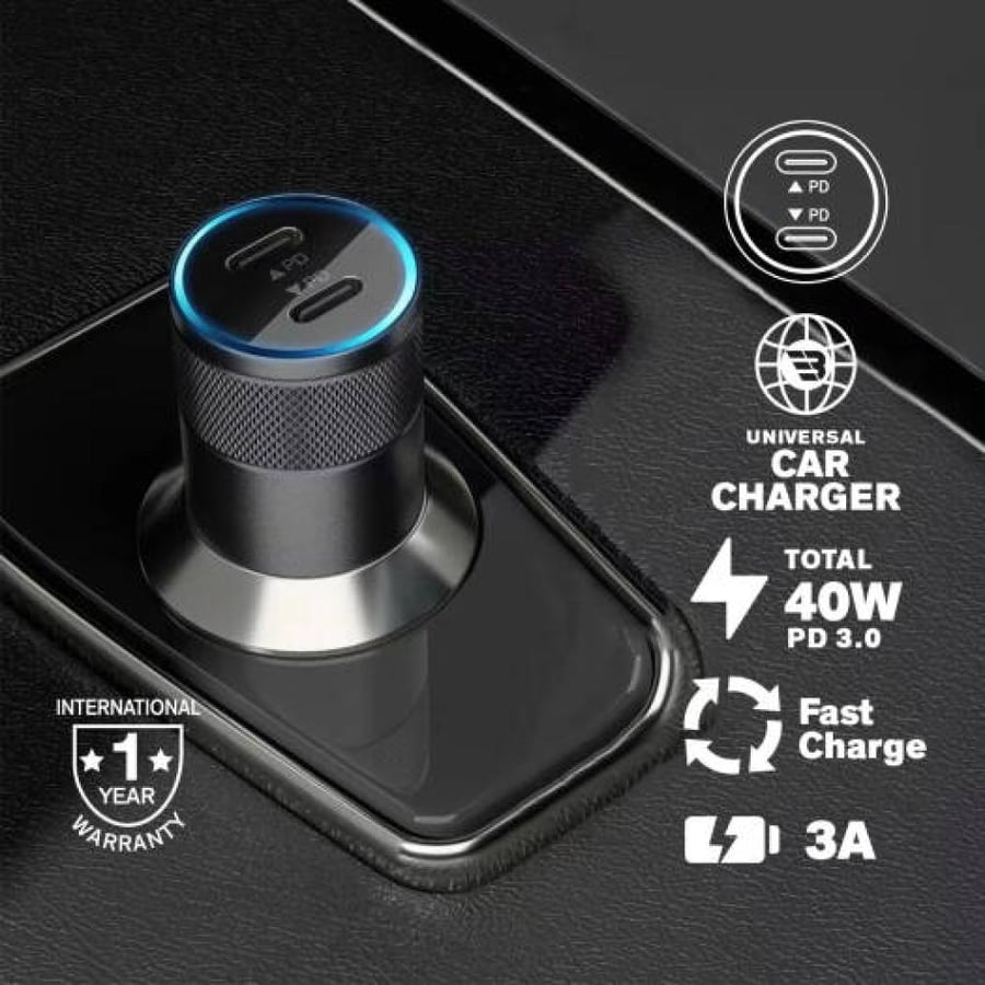 شاحن سيارة BAYKRON سريع 40 واط بمنفذين USB-C مع دعم PD 3.0 وضوء LED – ضمان عالمي