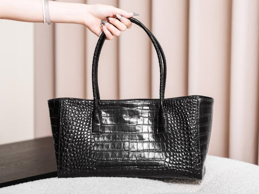 Small Tote in Crocodile Embossed Calfskin & Gold-Tone Metal Black