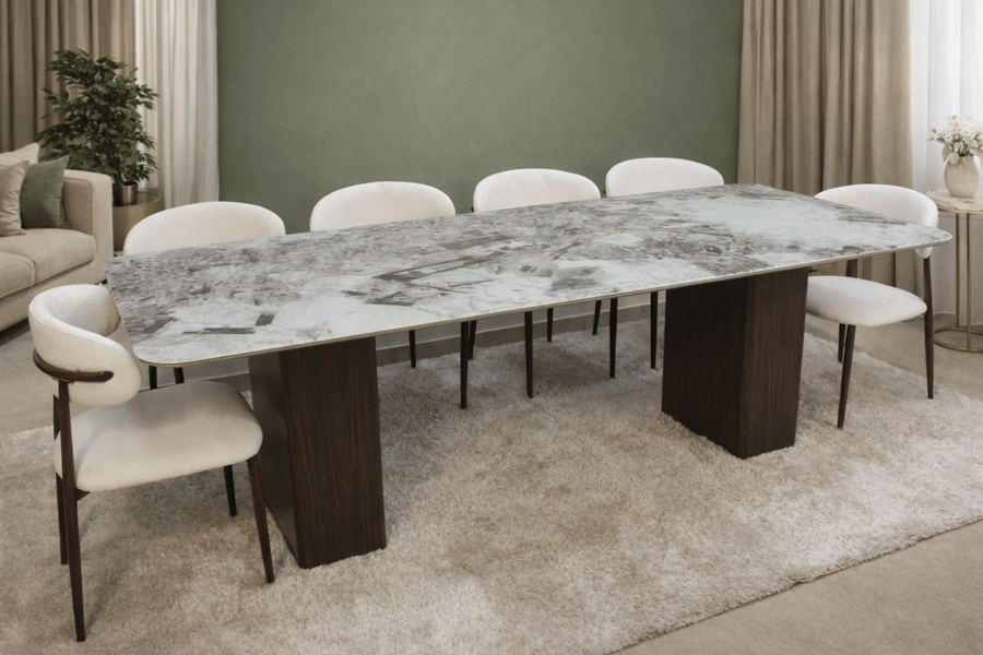 Marble dining table with iron legs, special arrangement chair with entrance
