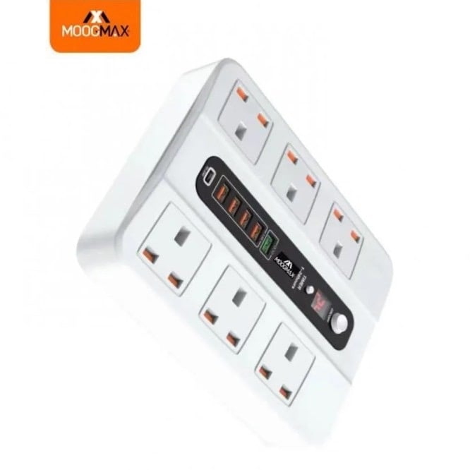 توصيلة كهربائية بمؤقت ومنافذ شحن 6 منافذ ثلاثية 6 منافذ USB  من موج ماكس | 5 متر 3600 واط MoogeMax SH18