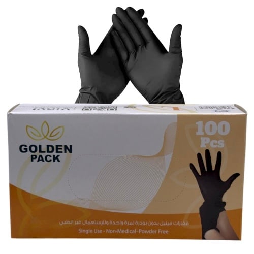 قفازات طبية فينيل اسود بدون بودر 100 حبة مقاس GOLDEN PACK 108065 L