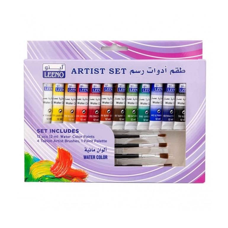 Set of acrylic paints, 12 colors, 4 brushes, 1 color palette LEENO