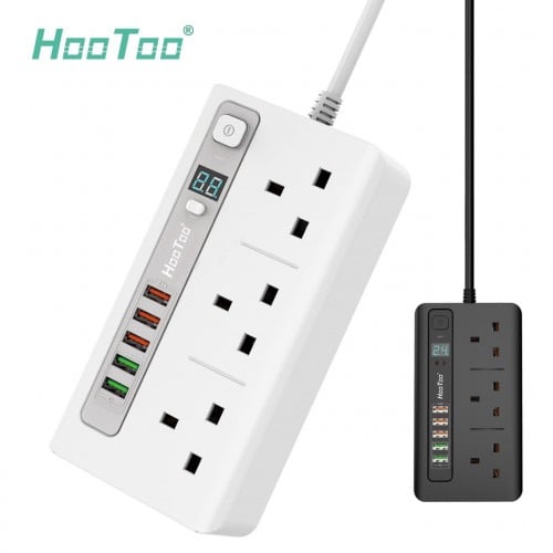 توصيلة كهربائية 200 سم بـ 3 منافذ ثلاثية و 5 منافذ USB وتدعم QC3 بمؤقت تشغيل 3000 واط - HooToo A1399 - بلونين أبيض و اسود