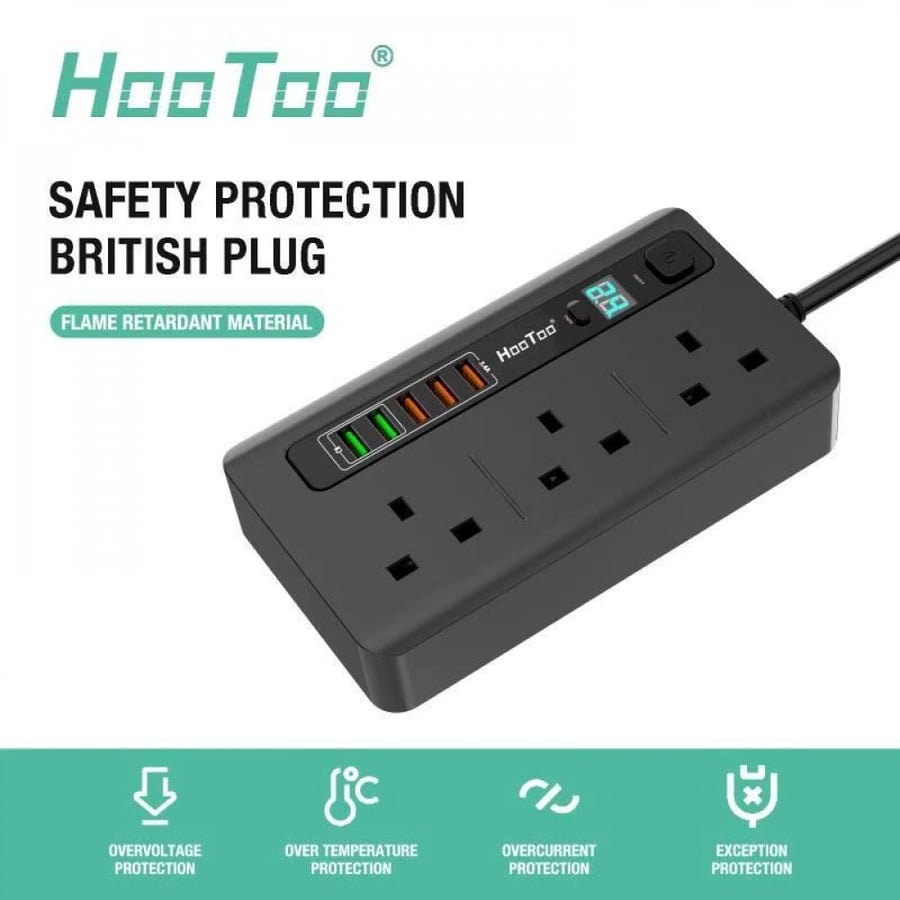 توصيلة كهربائية 200 سم بـ 3 منافذ ثلاثية و 5 منافذ USB وتدعم QC3 بمؤقت تشغيل 3000 واط - HooToo A1399 - بلونين أبيض و اسود