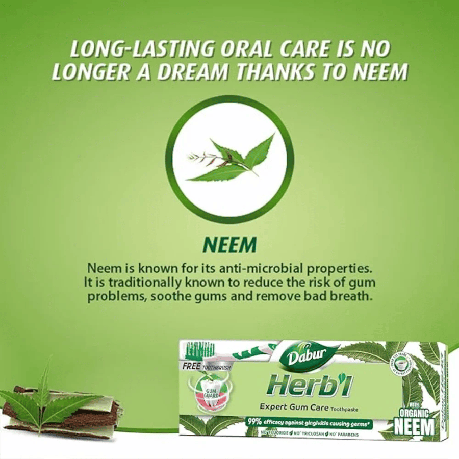 دابر هيربال معجون أسنان مع فرشاة أسنان مجانية الأعشاب بالنيم العضوي 150 غرام Dabur Herbl