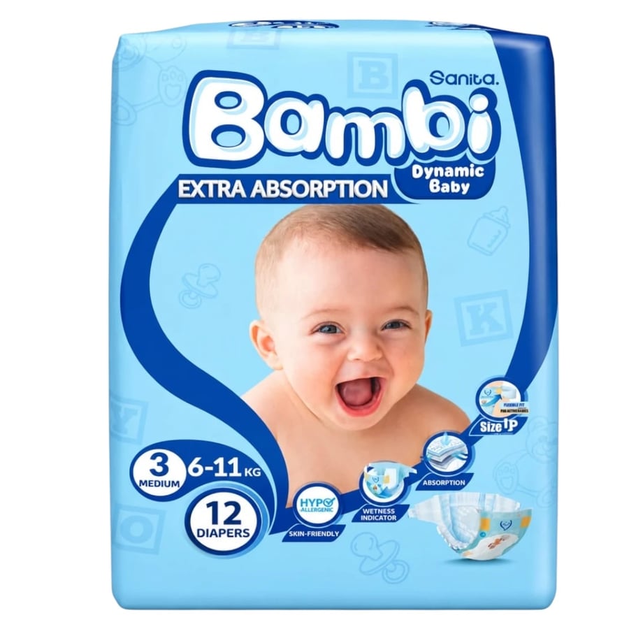 حفاضات سانيتا بامبي 12 حبة مقاس (3) 6-11 كيلو Sanita Bambi