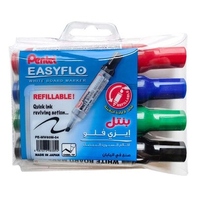 طقم قلم سبورة رأس مشطوف 4 الوان PENTEL EASYFLO PE-MW60M-04