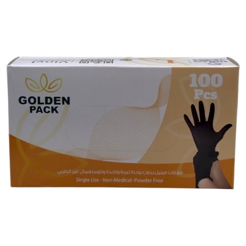 قفازات طبية فينيل اسود بدون بودر 100 حبة مقاس GOLDEN PACK 108065 L