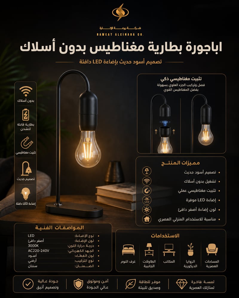 اباجورة بطارية مغناطيس بدون أسلاك اسود حديث