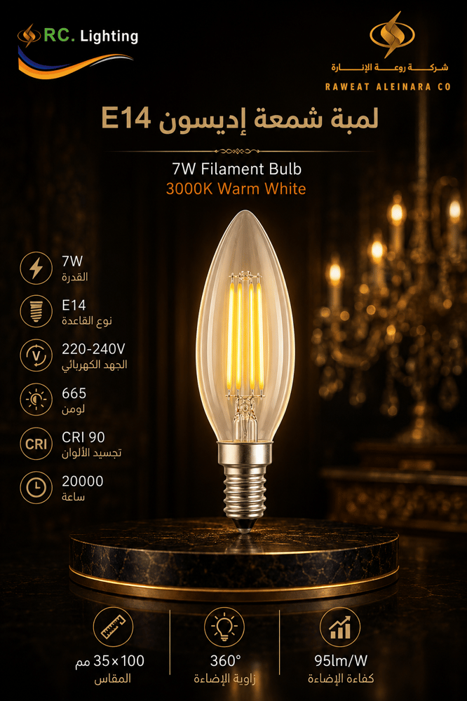 لمبة شمعة إديسون E14 فيلمنت 7 واط 3000K