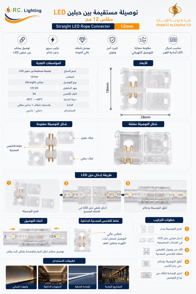 توصيلة مستقيمة بين حبلين LED مقاس 12 مم من RC Lighting